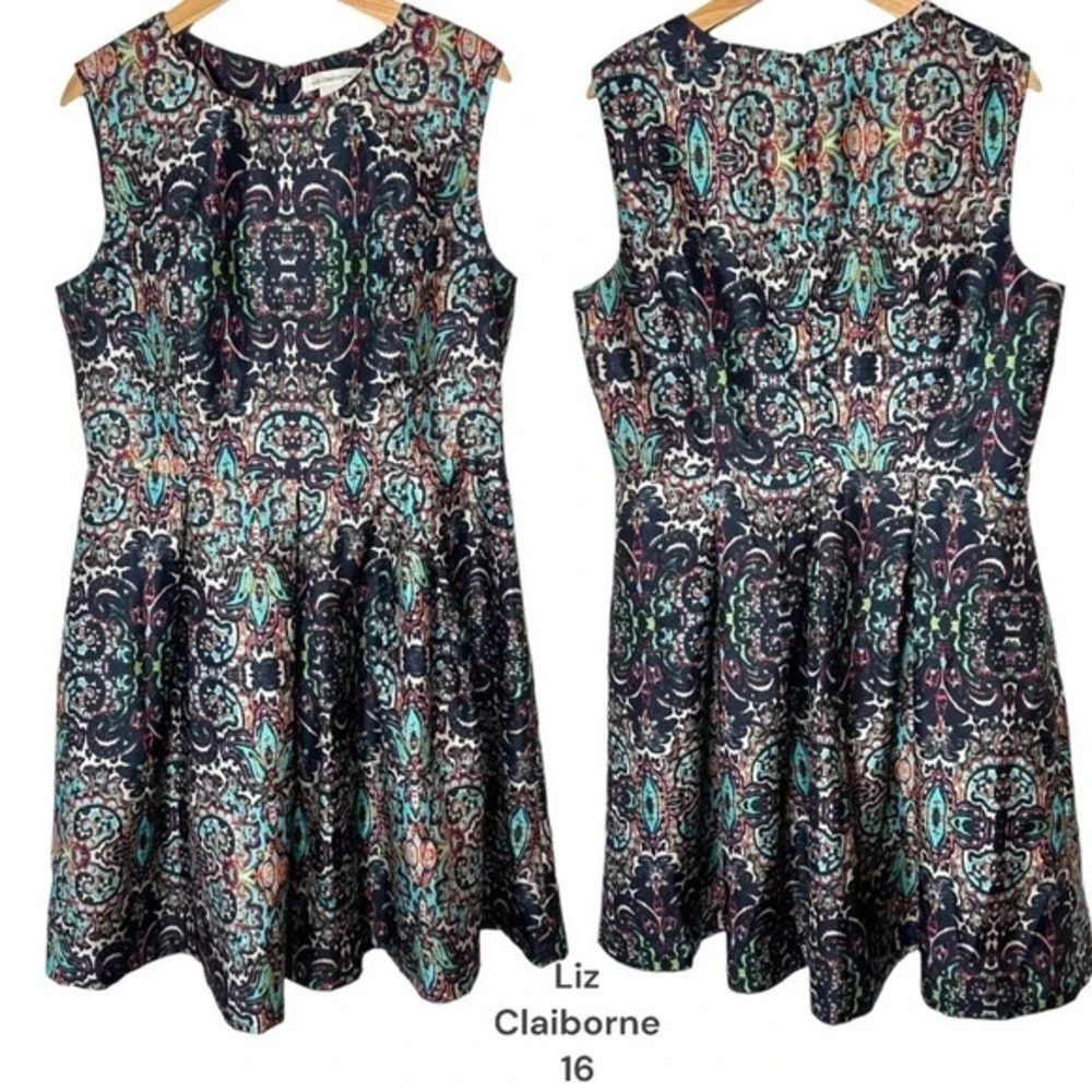 Liz Claiborne Fit and Flare Dress 16 Multicolor Damask Print Sleeveless‎ A-Line